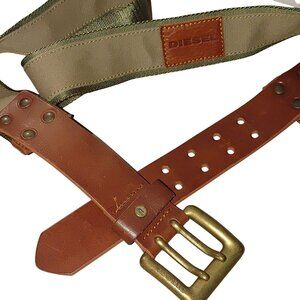 Diesel Belt Italy Brown Olive Green Leather. Nylon Size 40 Brass Buckle Vintage